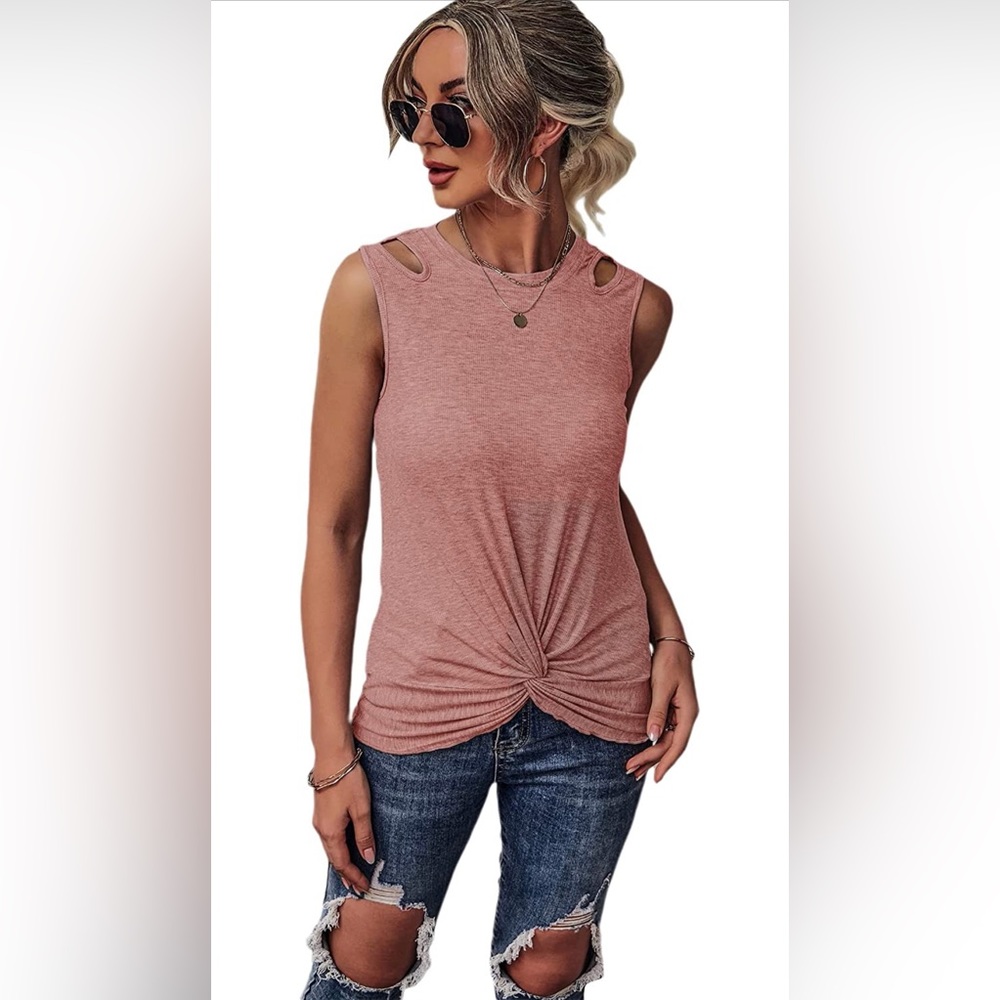 COPY - Tank Top for Women Summer Casual Tie Front Cut Out Twist Hem Sleeveless …